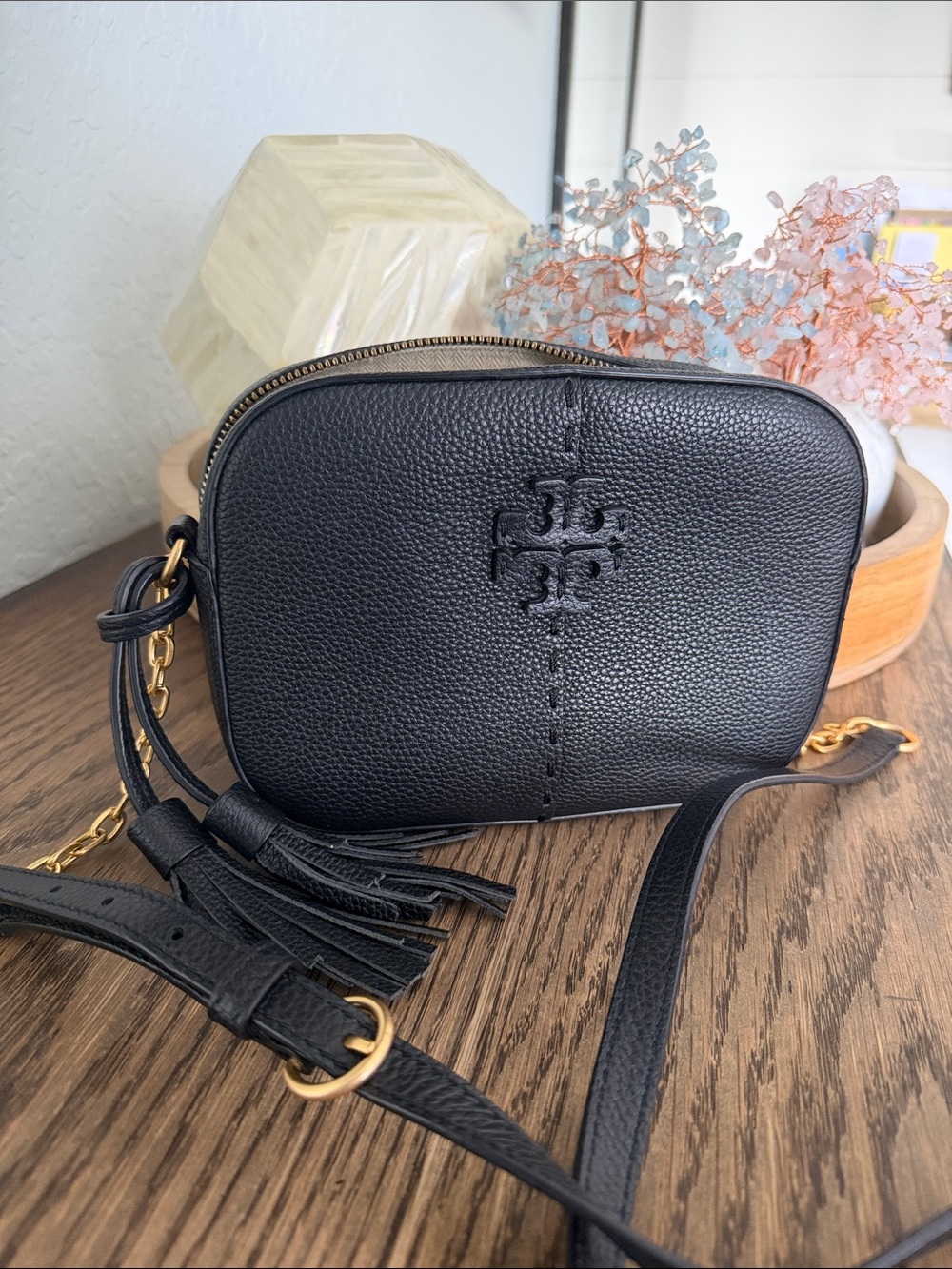 Tory Burch Black Pebbled Leather Camera Crossbody with Tassel